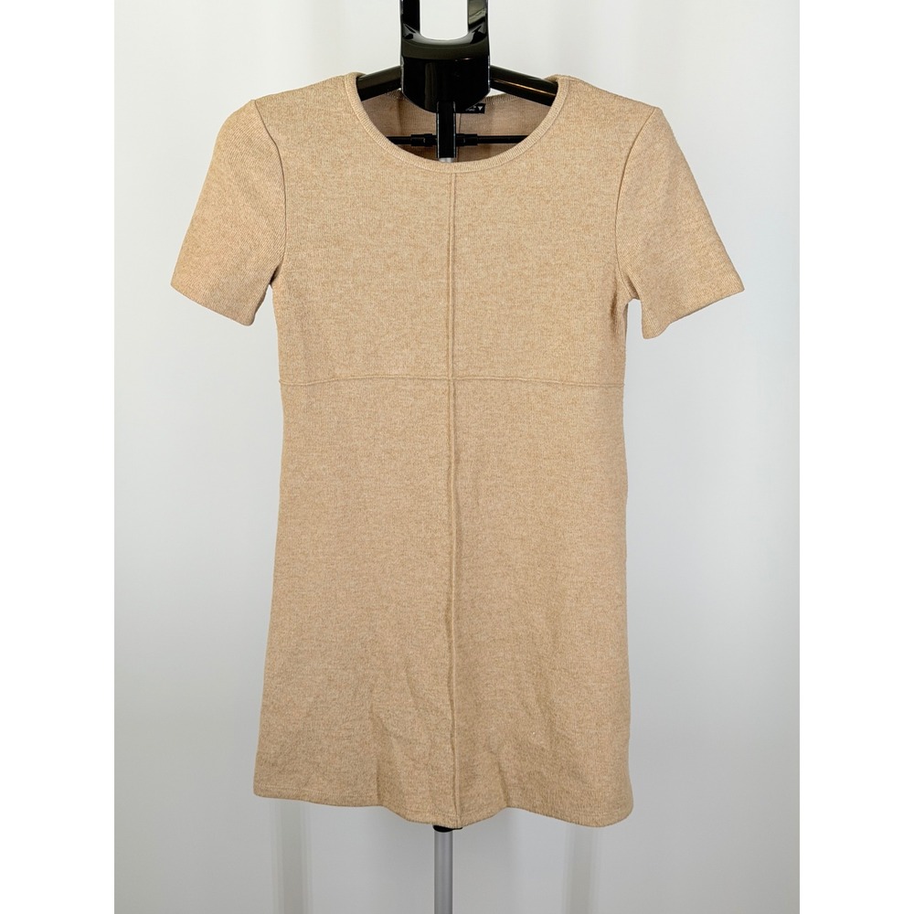 Zara Knit Mini Dress Small Camel Tan Short Sleeve Exposed Seam Crew Neck
